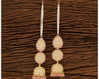 Light Pink Kundan Jhumka With Hair Chain/bollywood Jewelry/jhumki