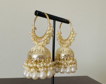 Gold Hoop Kundan Jhumka Earrings, Bollywood Pakistani  Indian Jewelry