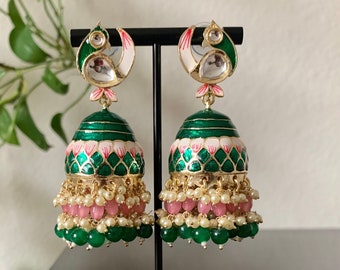 Green Kundan Meenakari Jhumka/Indian earrings/Pakistani earrings/Bollywood earrings/Pink pearl Earrings/Punjabi jhumki