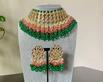 Green Pink Kundan Choker Necklace Set/ Indian Jewelry/Bollywood Jewelry/Punjabi Jewelry/Pakistani Jewelry/South Indian Jewelry