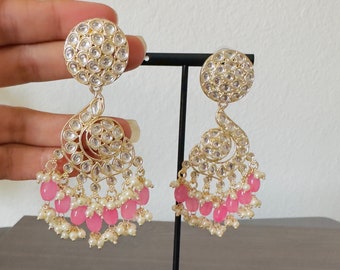 Pink Kundan Chandbali Earrings, Bollywood Indian Jhumka