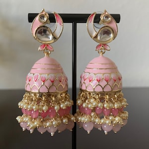 Light Pink Kundan Meenakari Jhumka/Indian earrings/Pakistani earrings/Bollywood earrings/Pink pearl Earrings/Punjabi jhumki