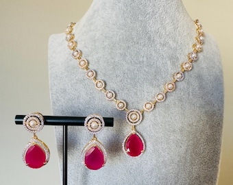 Ruby Kundan Choker Set: Gold, Pearl, CZ Indian Jewelry