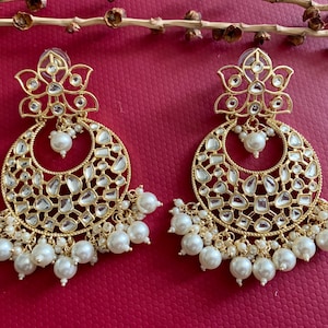 Gold Kundan Polki Chandbali earrings/Bollywood Earrings/Indian Earrings/Pakistani Earrings/South Indian Jhumki/ Kundan Jhumka/Polki jhumka