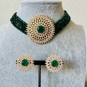 CZ Green Polki Choker Necklace Set/ Indian Jewelry/Bollywood Jewelry/Punjabi Jewelry/Pakistani Jewelry/Sabyasachi Jewelry