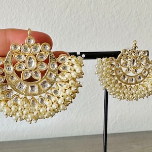 Gold Pearl Kundan Chandbali /Indian earrings/Pakistani earrings/Bollywood earrings/Pink pearl Earrings/Punjabi jhumki