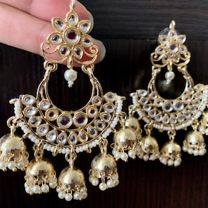 Gold Kundan Chandbali Jhumka/Pearl Jhumka/Bollywood Earrings/Pakistani Earrings/Kundan Jhumka/Punjabi Jewelry/Jhumkas