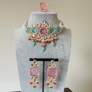 Light Pink Mint Kundan Choker/kundan jewelry set/Indian Jewelry/Choker set/Pakistani Jewelry/Bollywood Earrings set/ Pearl Necklace