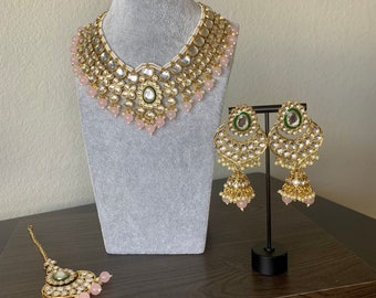 Pink Pearl Kundan Choker Necklace Set - Indian Bridal Jewelry
