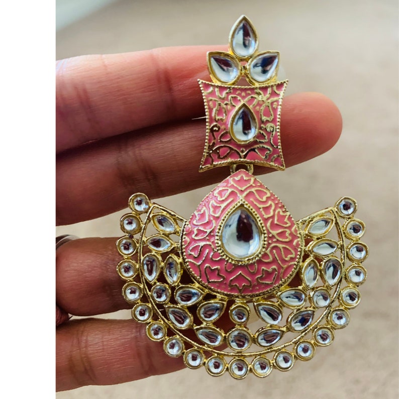 Peach Pink Kundan ChandbaliMeenakari EarringsIndian EarringsPakistani JewelryPunjabi Jhumki