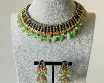 Mint Kundan Choker Necklace Set, Indian Jewelry