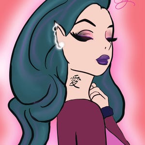 May include: Digital illustration of a woman with teal hair and purple lipstick. She wears a burgundy top and a white earring. The word "愛" is tattooed on her neck. The background is pink, and the artwork is signed "Art by Jg".