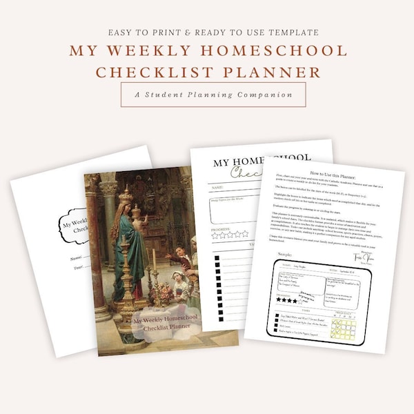 Homeschool Student Planner: Undated Weekly Checklist, Catholic Art Cover, Progress Tracking, Digital Download PDF, All Ages