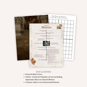 Peut inclure: Un ensemble imprimable de deux pages pour enregistrer l'histoire personnelle et l'histoire de l'&eacute;glise. La premi&egrave;re page pr&eacute;sente une chronologie des &eacute;poques de l'histoire, y compris des dates importantes de l'histoire de l'&eacute;glise. La deuxi&egrave;me page est un tableau du si&egrave;cle vierge pour enregistrer l'histoire personnelle. Le texte "My Place in History: A Century Chart of My Life" est en haut de la page.