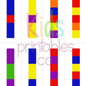 May include: A printable worksheet featuring 10 stacks of coloured blocks. Each stack has a different arrangement of red, yellow, blue, green, and purple blocks.