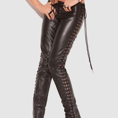 Ladies Black Low Rise Leather Pants Lace up Sides Front - Etsy UK