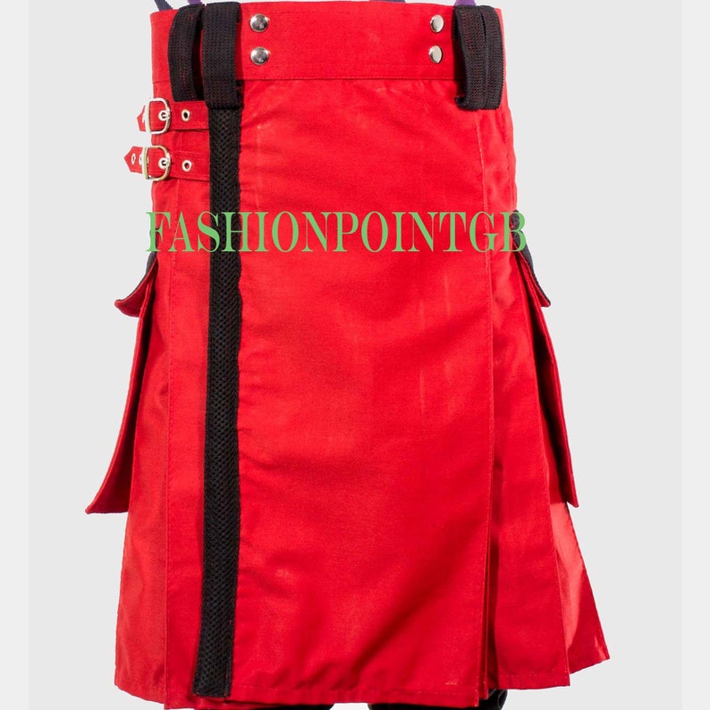 New Men,s Fashion Handmade Red Utility Kilt with Net Pockets