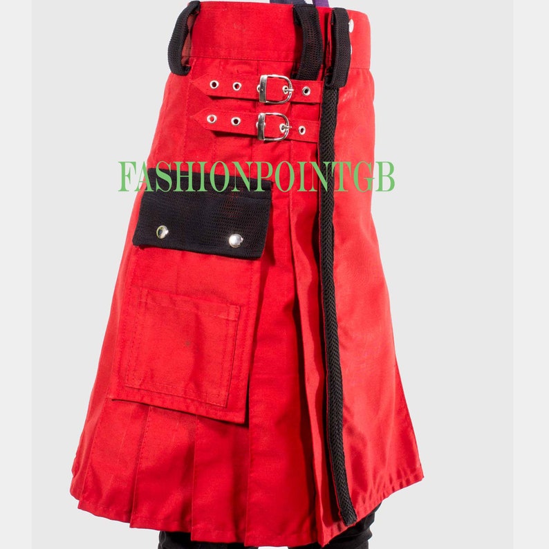 New Men,s Fashion Handmade Red Utility Kilt with Net Pockets