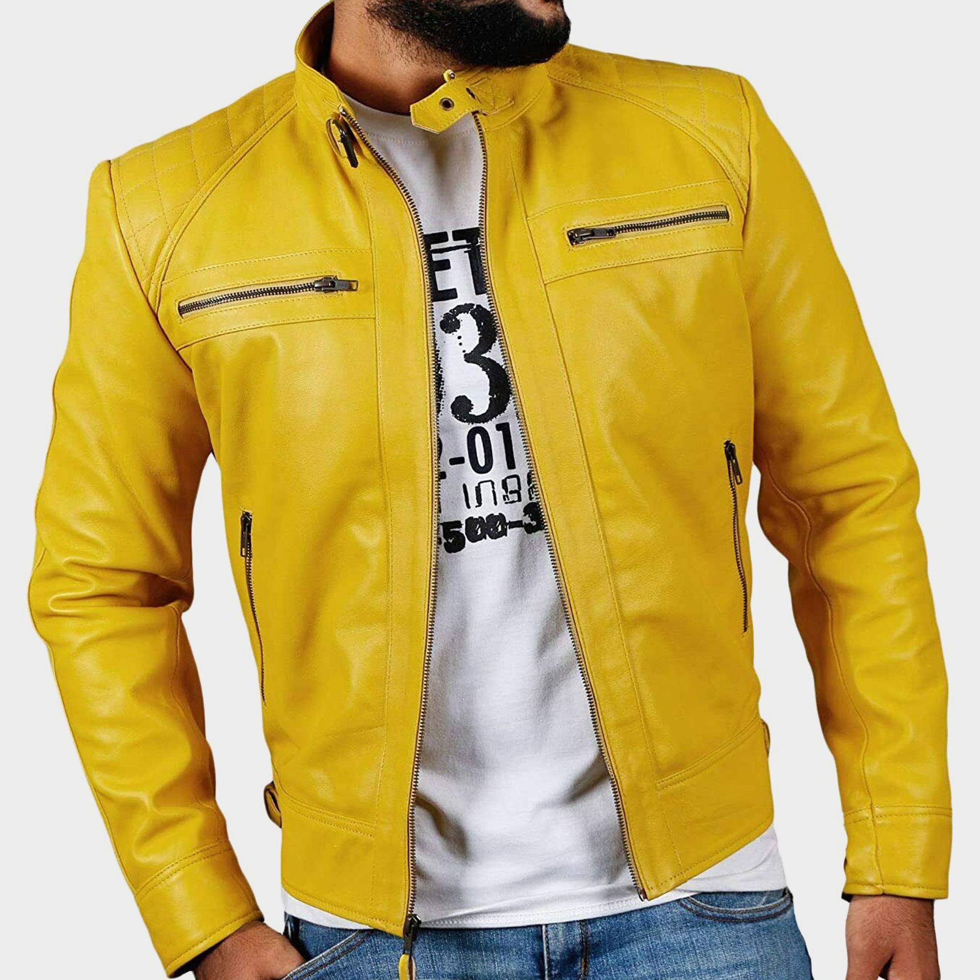 Gearswears Men's Yellow Leather Jacket - Classic Style, Genuine Leather  Jacket