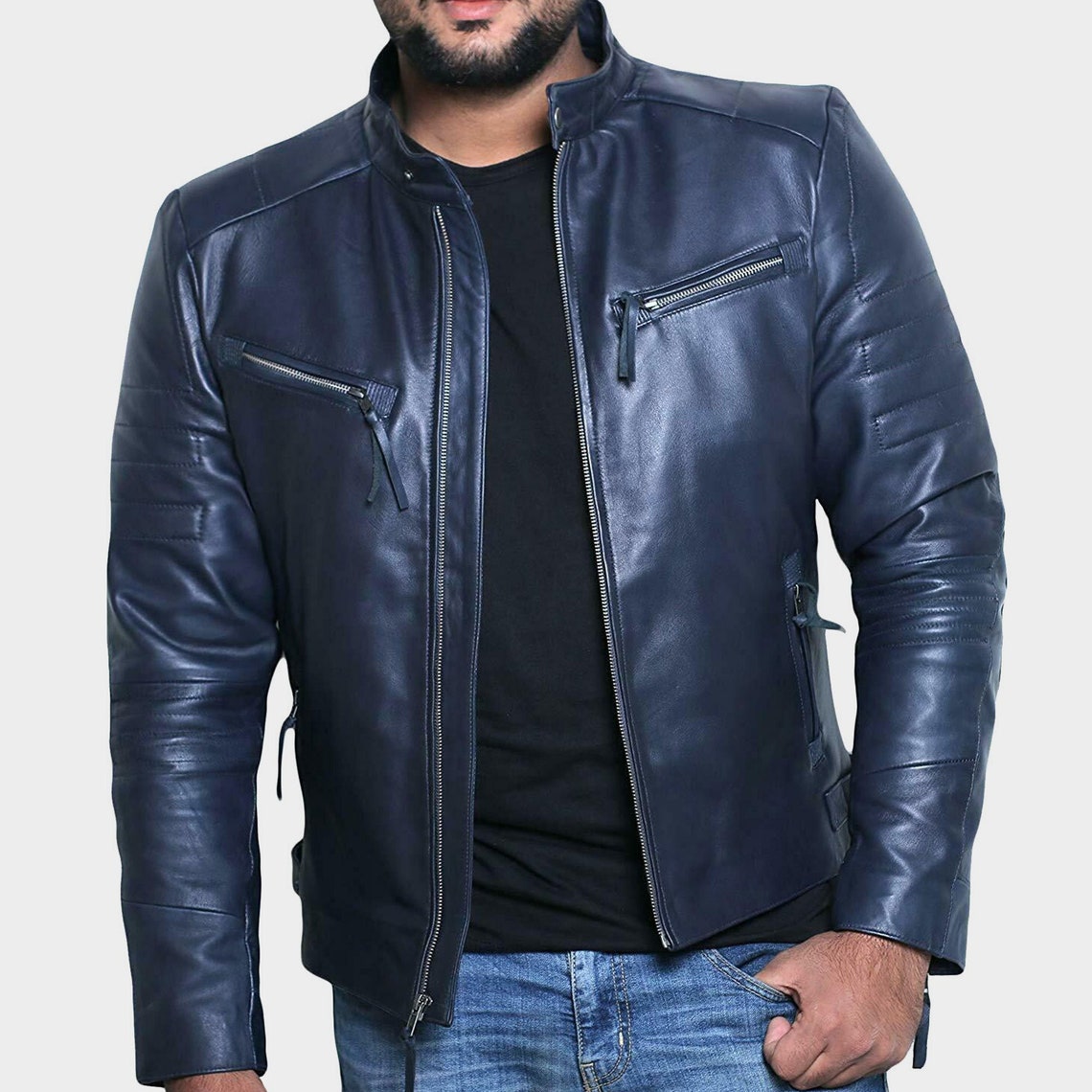 Mens Leather Jacketmens Navy Blue Genuine Lambskin Biker Etsy UK