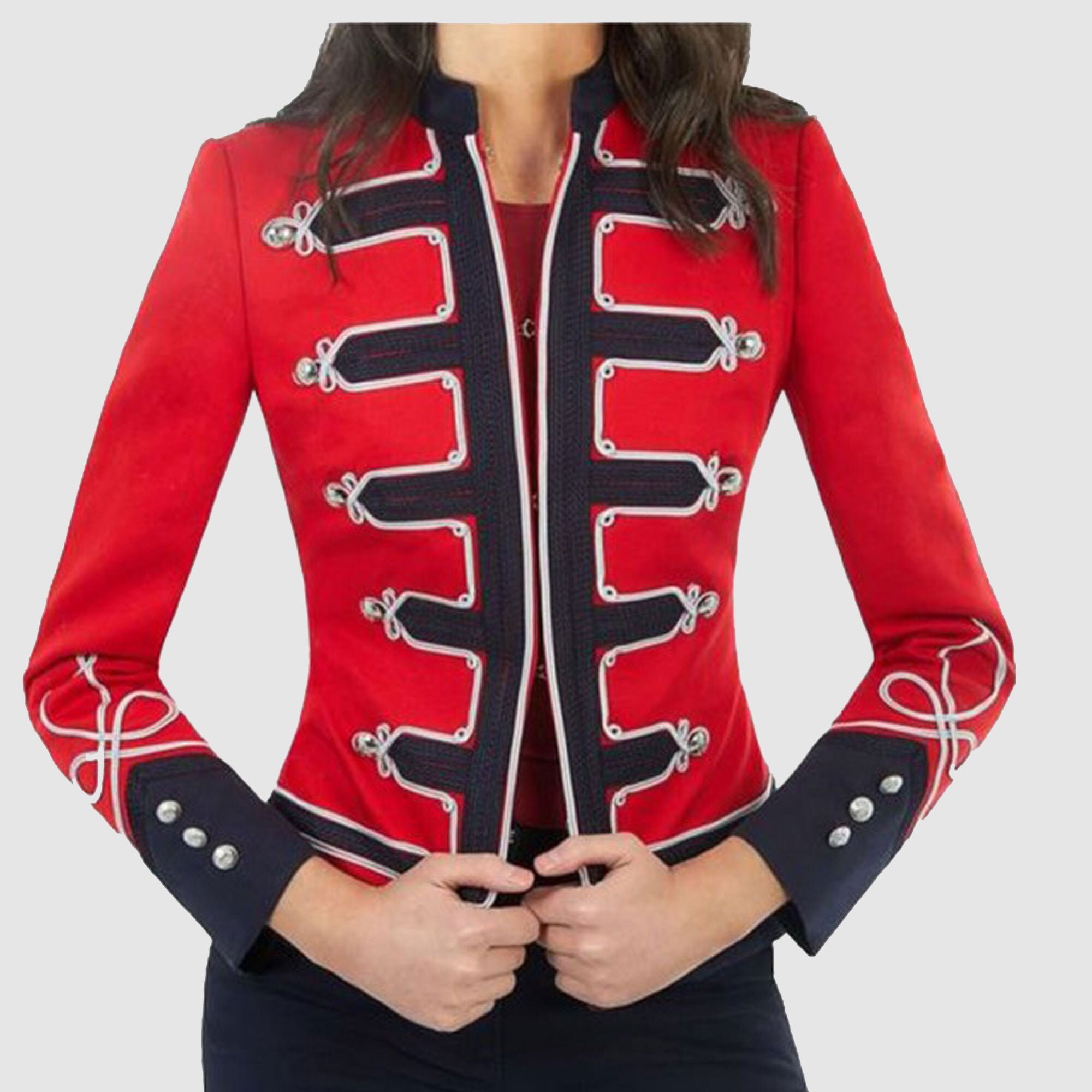 Ladies Red and Navy Blue Wool Braid Jacket,Ladies Hussar jacket,Ladies Military Hussar jacket,Accessories Not Included in Price.