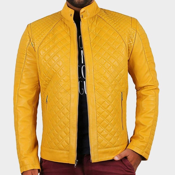 FashionpointGB Mens Yellow Leather Jacket,Mens Original Lambskin Biker Jacket Quilted Style Jacket,Mens Biker Leather Jacket