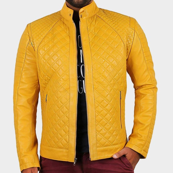 Mens Yellow Leather JacketMens Original Lambskin Biker Jacket Etsy