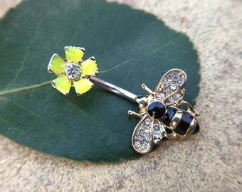 Bee Belly Ring with flower, Belly bar,Navel Piercing Ring,Gift for her,Belly Button Ring, Body Jewelry