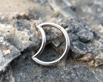 16 316L Surgical Steel  Crescent Moon Shaped Hinged Hoop, Clicker Ring, Half Moon Hinged Hoop Daith Piercing