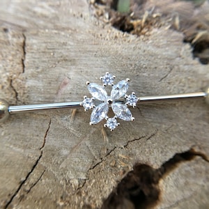 Fiore Industrial Barbell, Gioielli Piercing Zircone, Industrial Barbell in Argento 14g Acciaio Chirurgico