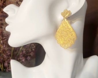 Clay earrings,boho earrings, art deco, bohemian style, gold leaf, glitter earrings, lightweight, handmade, statement earrings,  polymer clay