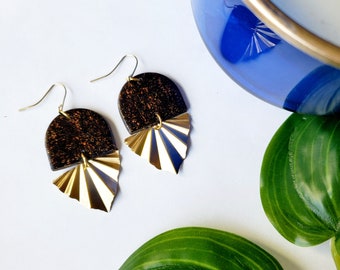 Clay earrings dangle, boho , fan earrings, brass,  statement earrings ,trendy jewelry, handmade