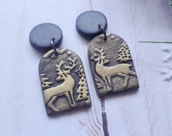 Christmas earrings, reindeer earrings, clay earrings,  winter earrings,  gold earrings,  handmade earrings