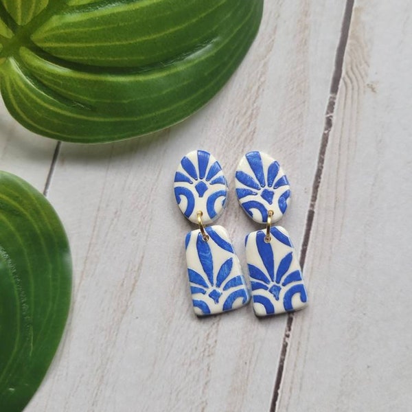 Santorini inspired polymer clay earrings,  handmade earrings, blue earrings,  dangle and drop earrings modern earrings