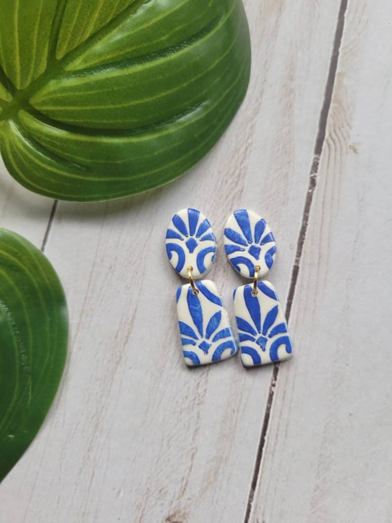 Santorini inspired polymer clay earrings, handmade earrings, blue earrings, dangle and drop earrings modern earrings image 1