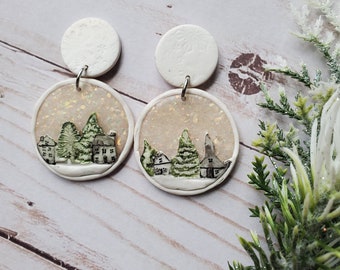 Christmas earrings dangle, clay earrings, christmas village earrings, snowflake,holiday earrings, handmade, gift,