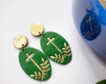 Clay earrings, liturgical earrings, ordinary time earrings, cross earrings,  Christian earrings,  religious earrings, handmade