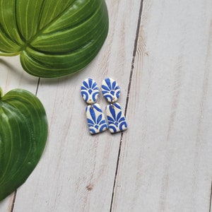 Santorini inspired polymer clay earrings, handmade earrings, blue earrings, dangle and drop earrings modern earrings image 2