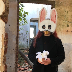White Rabbit Mask, Scary Masquerade Mask, Creepy Burlap Bunny Mask - Adult Halloween Rabbit Costume - Handmade Custom Horror Props