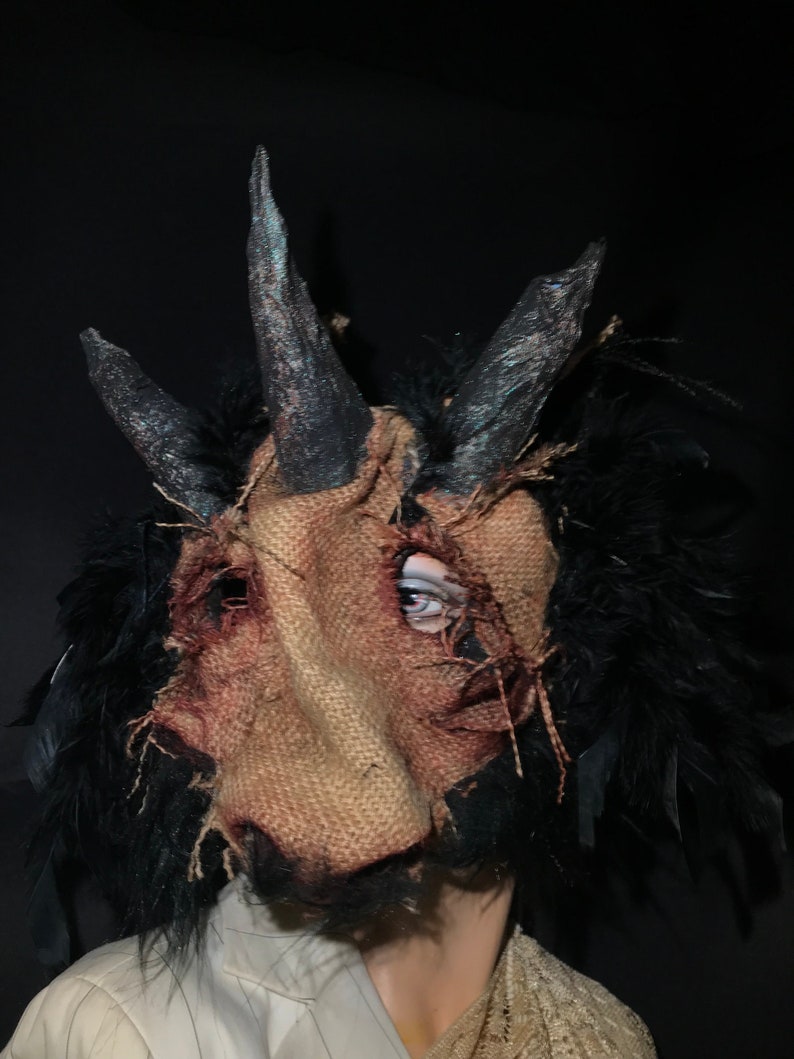 Custom Baphomet Demon Mask - Handmade Burlap Devil Mask - Hand Painted Movie and Photo Shoot Props 