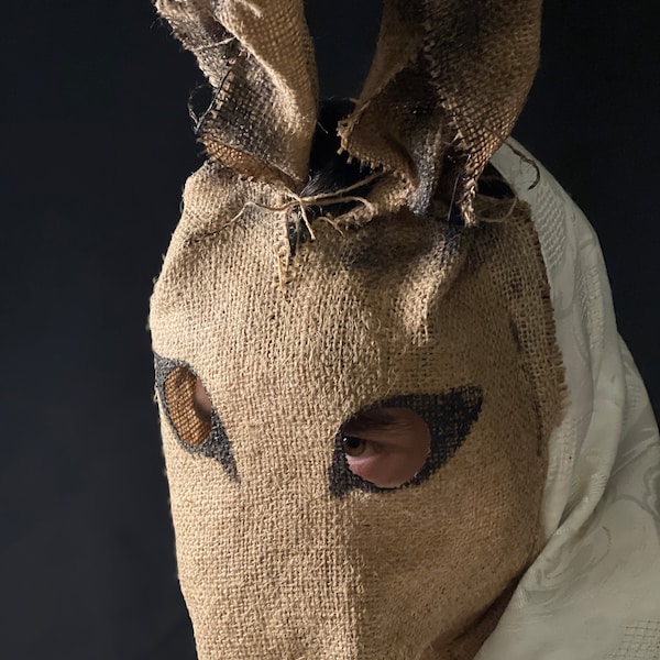 Creepy Scary Burlap Rabbit Horror Prop Mask - Disfraz de conejo de Halloween para adultos - Accesorios personalizados hechos a mano - Máscara de conejito de espantapájaros