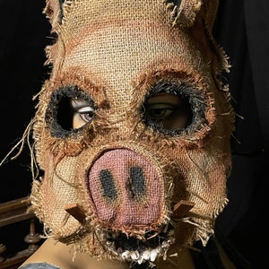 Hog Horror Pig Mask - Scary Adult Halloween Boar Costume - Handmade Custom Props - Creepy Burlap Swine Mask