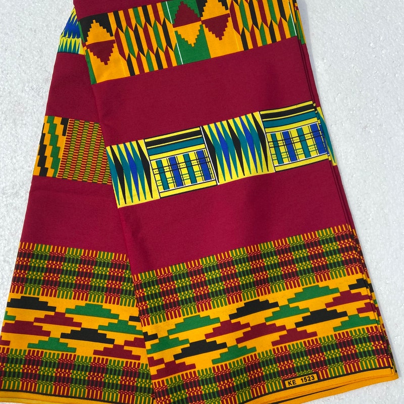 Blue, Teal & Burgundy Kente Brocade with Pixel Chevron Pattern and Gold Splatter Texture