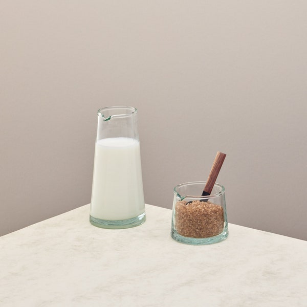 Jug Set - Handmade Recycled Glass - 1 Tall Milk Jug (185ml) and 1 Low Jug/Sugar Bowl (80ml)