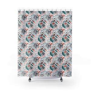 May include: A shower curtain featuring a repeating pattern of black scribbles, teal organic shapes, and small red hearts on a white background. The design includes various abstract lines, dots, and dashes distributed across the entire fabric surface.