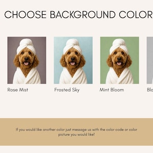 May include: An image with the text "CHOOSE BACKGROUND COLOR" above five images of a dog wearing a white towel and robe. The background colors are Cloud White, Rose Mist, Frosted Sky, Mint Bloom, and Black and White.