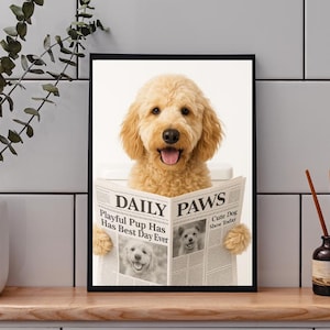 Dog Bathroom Art, Custom Pet Portrait, Dog Reading Newspaper on Toilet, Custom Dog Art Toilet, Funny Dog Bathroom Poster, Dog in Toilet