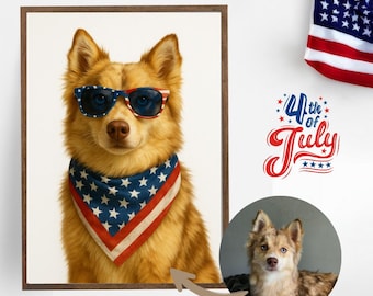 Retrato de mascota personalizado para el 4 de julio: Póster divertido de perro, regalo patriótico (archivo digital disponible)