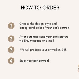 May include: A beige graphic with the text "HOW TO ORDER" and numbered steps for ordering a pet portrait. The steps include choosing a design, sending a picture, artwork production, and enjoying the portrait. The Treasure Tails Co. logo is in the bottom right.
