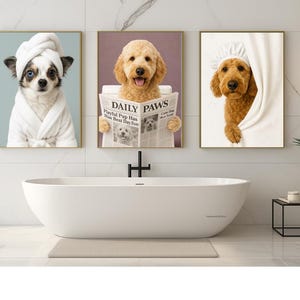 Dog Bathroom Art, Custom Pet Portrait, Dog Reading Newspaper on Toilet, Custom Dog Art Toilet, Funny Dog Bathroom Poster, Dog in Toilet
